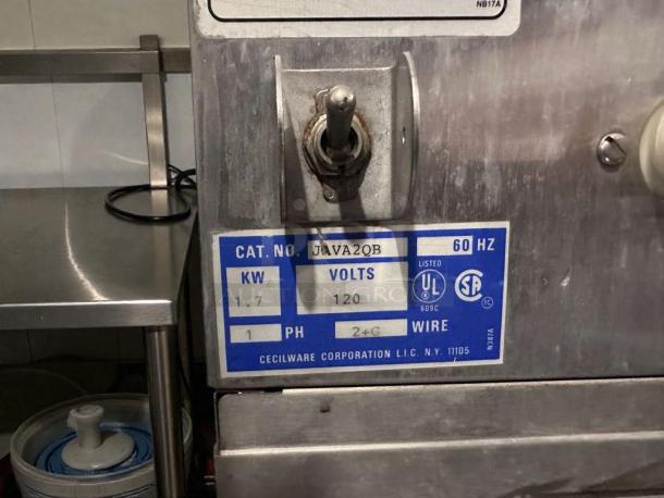 NESCAFÉ/Cecilware JVA20B coffee dispenser, UL listed, 120V, 60Hz, 1.7KW, premium condition, fully tested, model details visible.