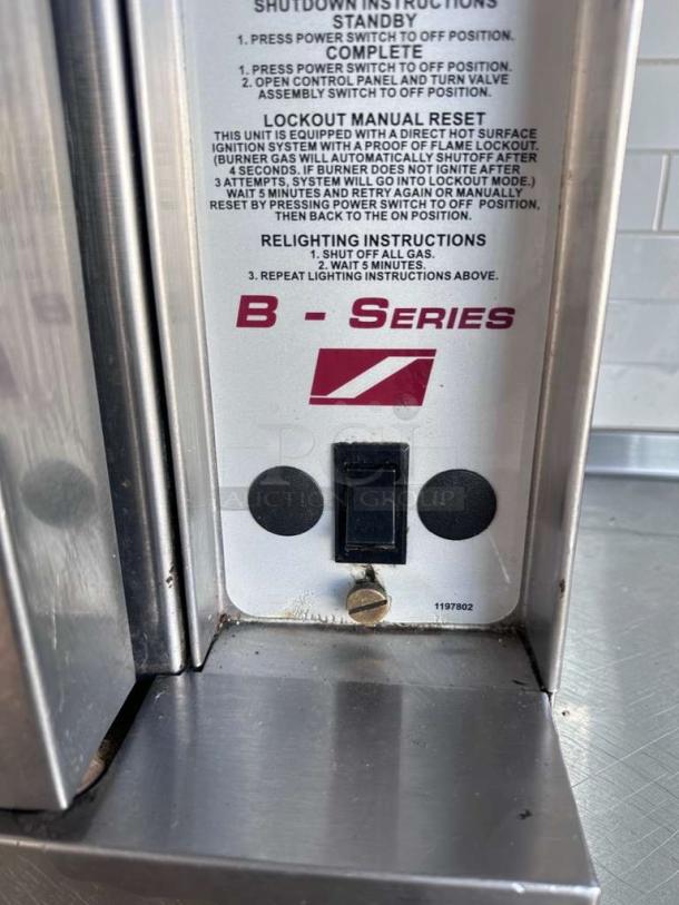 Alt text: Southbend B-Series oven control panel with manual reset instructions, natural gas, fully operational, outstanding condition.