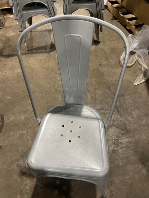 LIKE NEW Astor Series Ilver dining chairs, welded metal, indoor/outdoor use, perforated seat, excellent condition, 6 units.