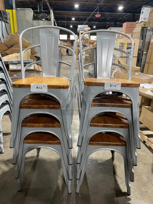 LIKE NEW Astor Series silver metal dining chairs with wooden seats, stackable, suitable for indoor/outdoor use.