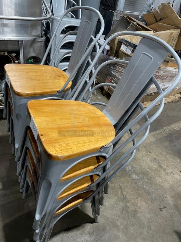 LIKE NEW Astor Series silver dining chairs, wood seat, welded. Suitable for indoor/outdoor. Set of 4.