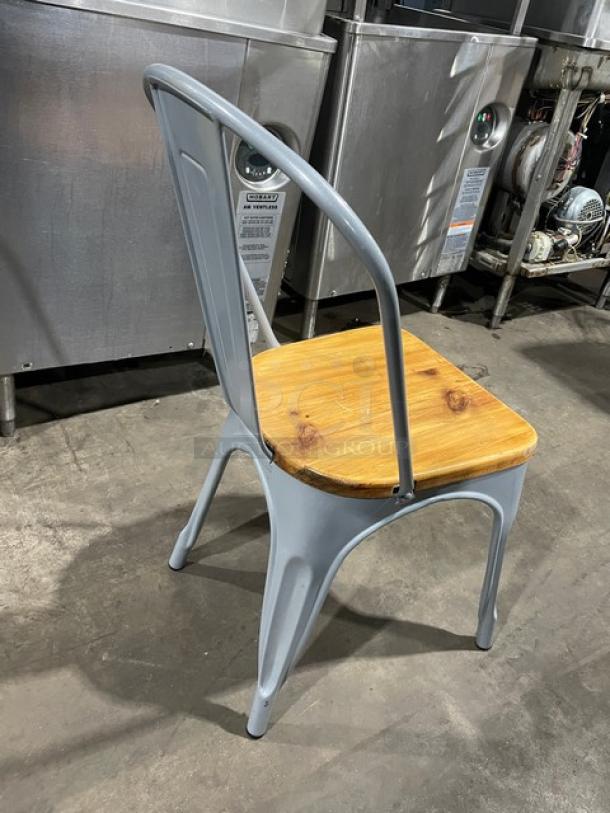 LIKE NEW Astor Series dining chair, silver metal frame, wood seat, suitable for indoor/outdoor, bid for 4.