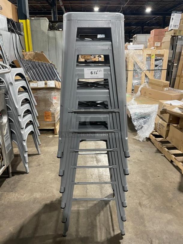 LIKE NEW! Astor welded silver bar-height dining chairs, stack of six, durable metal construction, model Astor.