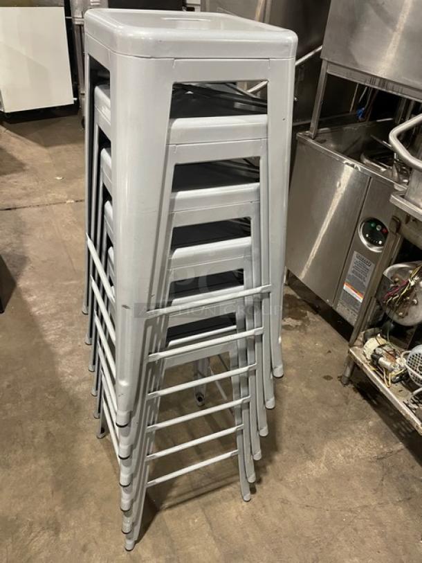 Stacked Astor welded bar height silver dining chairs, like new condition, metal construction, set of six.