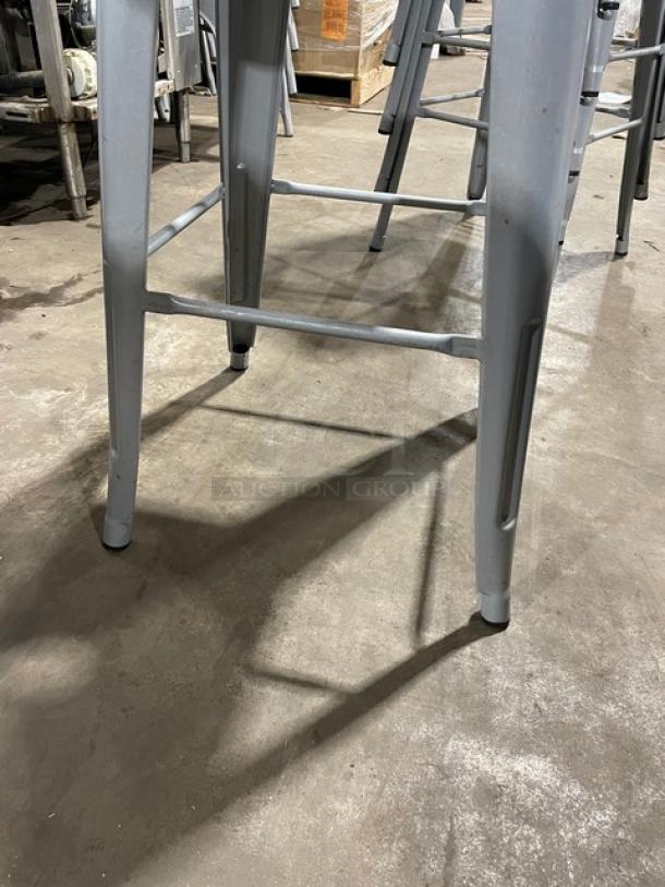 LIKE NEW Astor model welded silver bar-height dining chairs, set of 6, sturdy metal construction, excellent condition.