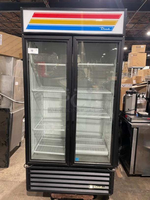 True GDM35LD 2 Door Reach-In Cooler Merchandiser, late model, glass doors, stainless steel, excellent condition, serial 8466398.