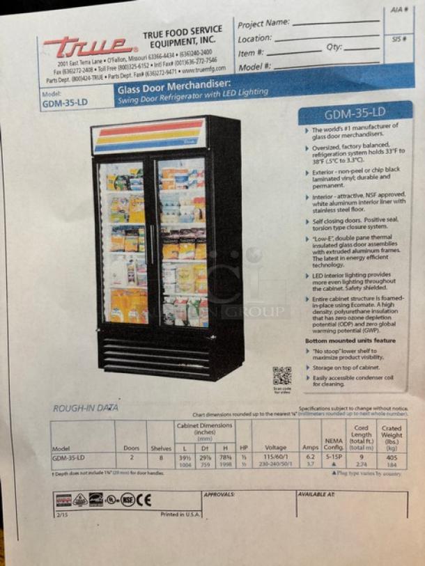 True GDM35LD 2-door reach-in cooler merchandiser, optimal condition, LED lighting, black laminate exterior, serial 8466398.