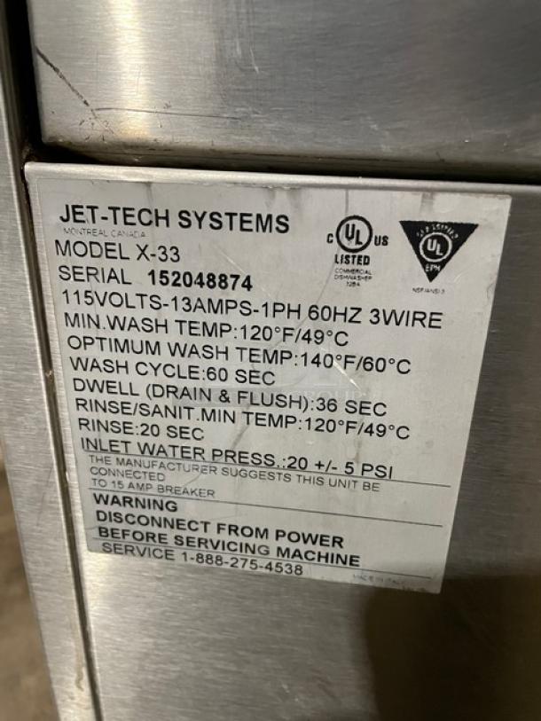 Jet Tech X-33 dishwasher, stainless steel, model X-33 serial 152048874, 115V, 1-phase, with rack, label detail shown.