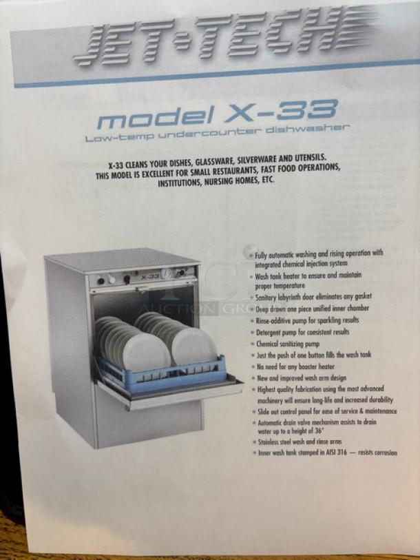 Jet Tech X-33 undercounter stainless steel dishwasher with rack. Model X-33, Serial 152048874, 115V, 1 phase, on legs.