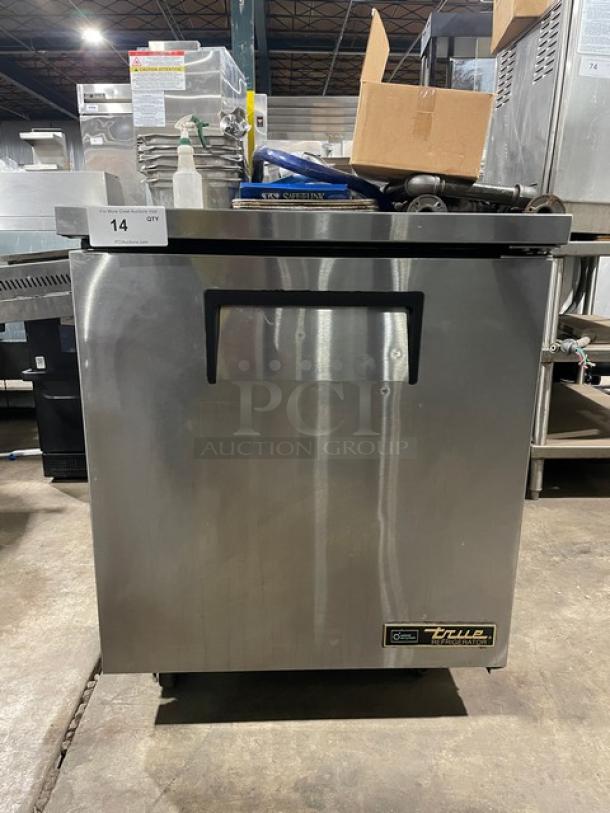 True TUC27HC one-door stainless steel refrigerated lowboy cooler on casters. Model TUC27-C, Serial 8732318, 115V, 1 Phase.