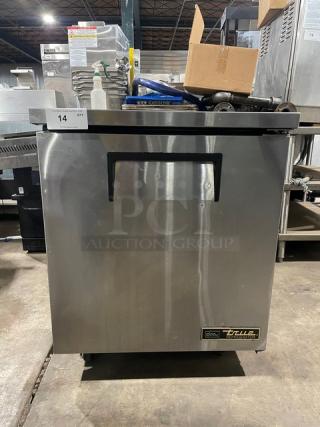 True TUC27HC one-door stainless steel refrigerated lowboy cooler on casters. Model TUC27-C, Serial 8732318, 115V, 1 Phase.