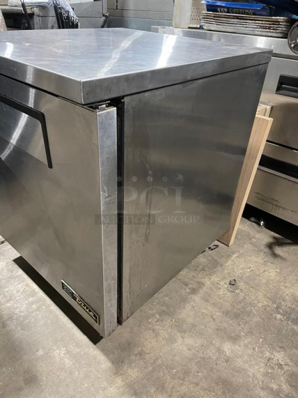 True TUC27HC stainless steel refrigerated lowboy, one door, on casters, in good condition, Model TUC27-C, Serial 8732318.