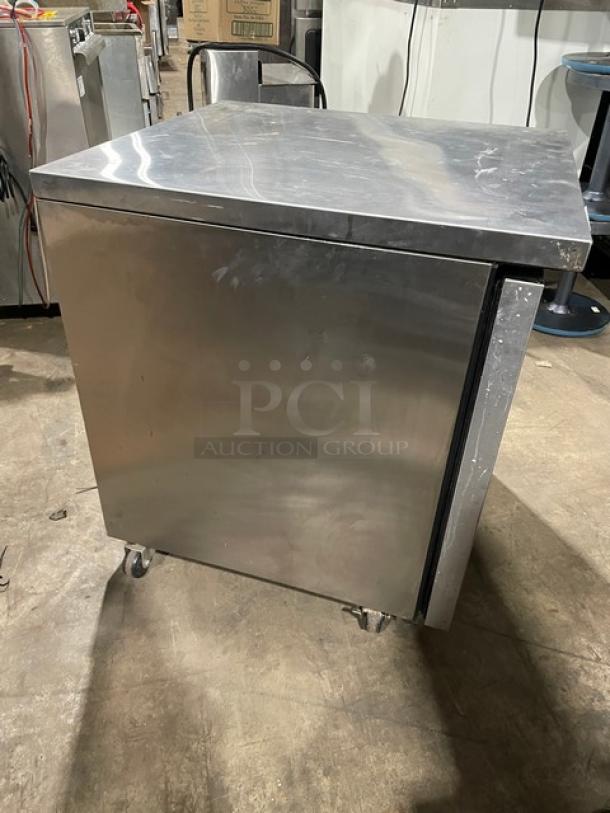 True One Door Stainless Steel Refrigerated Lowboy/Worktop Cooler Model TUC27HC, on casters, slightly worn condition.