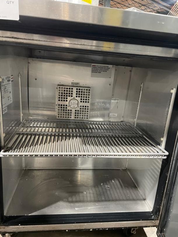 True TUC27HC stainless steel one-door refrigerated lowboy/worktop cooler on casters, 115V 1 phase, serial 8732318. Good condition.
