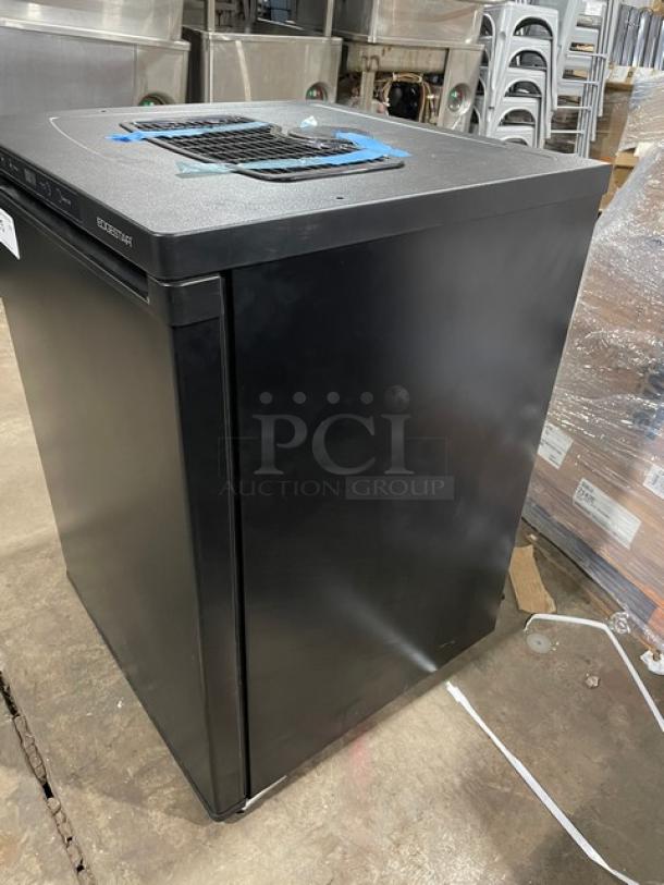 NEW Edgestar BR3002BL one door beer kegerator with keg, 115V 1 phase, on casters. Model and serial labels visible.