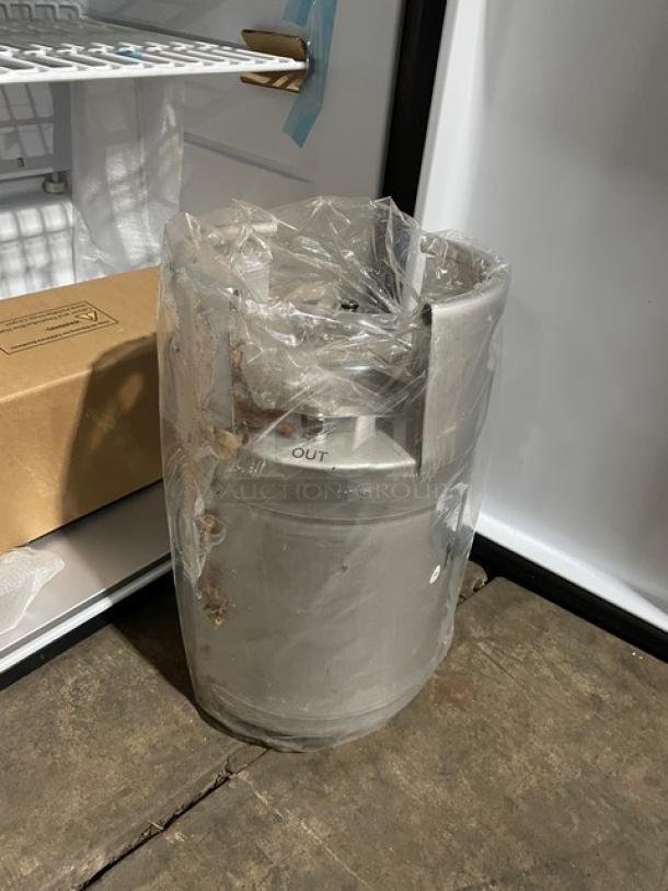 New Edgestar BR3002BL single-door kegerator with beer keg, model BR3002BL, serial A21013130646, on casters.