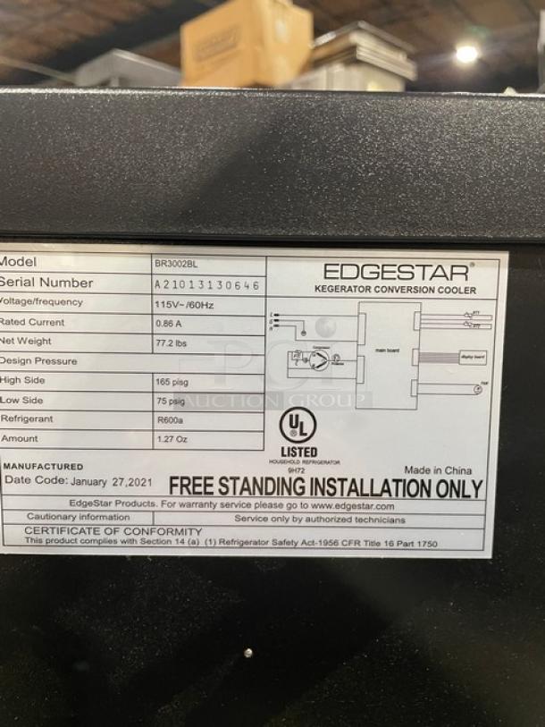 Edgestar BR3002BL kegerator, serial A21013130646, 115V, on casters, new condition, includes beer keg, UL listed.