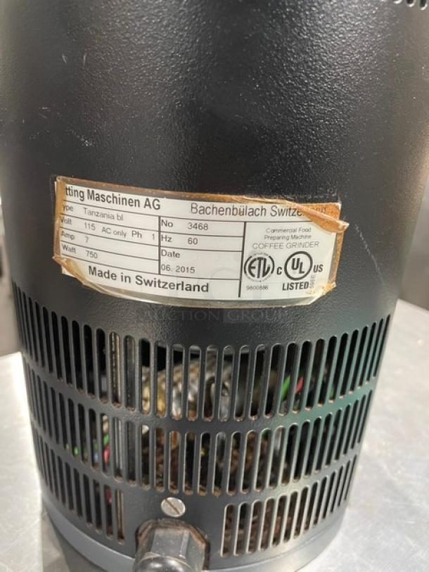 Ditting 3468 espresso bean grinder, like new, 115V 1 Phase, ETL and UL listed, made in Switzerland, model label visible.