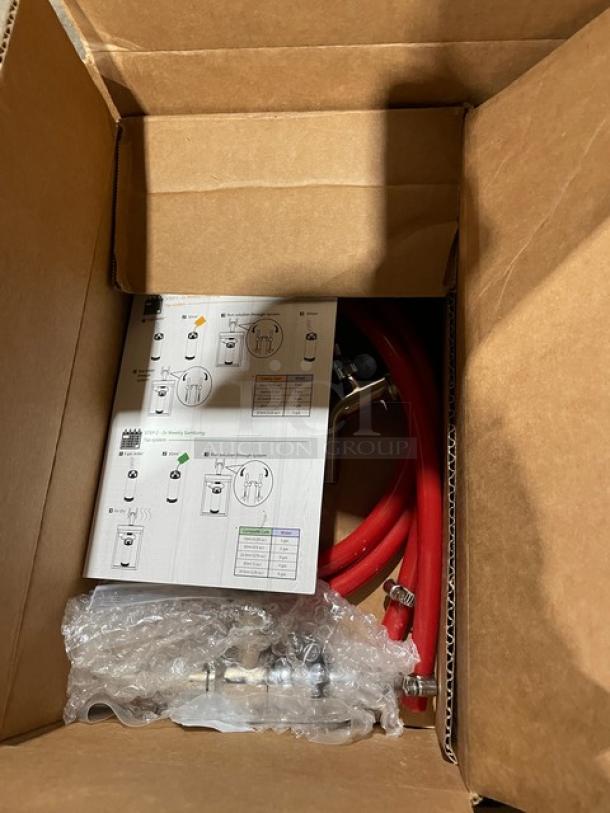 Edgestar BR3002BL kegerator kit in box with red hose and manual visible. New condition. Model and serial details included.