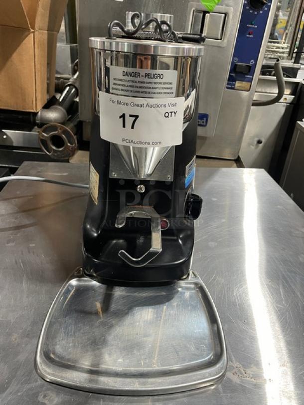 Mazzer Luigi Super Jolly espresso grinder, black, serial 1551890, 115V, with control panel and bean hopper. Good condition.