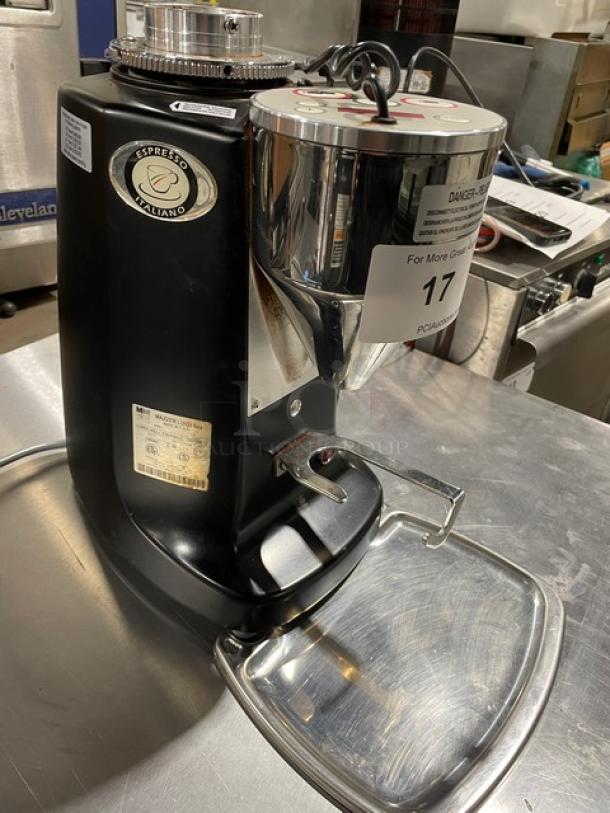 Mazzer Super Jolly espresso bean grinder, Model Super Jolly, Serial 1551890, countertop design, 115V, good condition, visible labels.