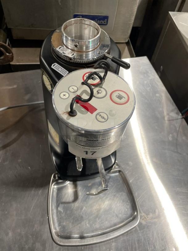 Mazzer Luigi Super Jolly espresso bean grinder, black, countertop model, 115V, serial 1551890, good condition, visible controls.