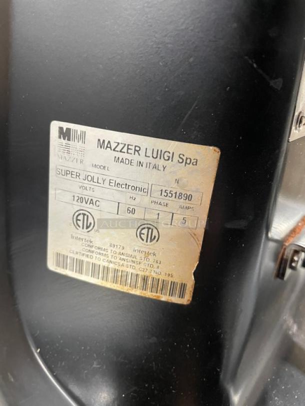 Mazzer Luigi Super Jolly espresso bean grinder, serial 1551890, 115V, 1-phase, ETL certified. Made in Italy.