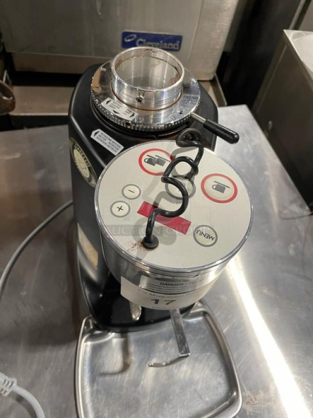 Mazzer Luigi Super Jolly espresso bean grinder, model 1551890, 115V, 1 phase, in good condition. Features functional control panel.