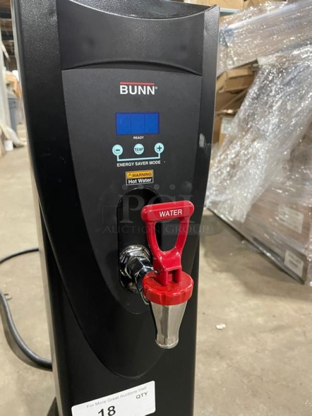 Bunn H5X stainless steel hot water dispenser, model H5X, 208V, 1-phase. Features control panel and red spout. Serial HX00083812.