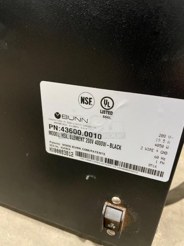 Bunn H5X stainless steel countertop hot water dispenser, electric powered, 208V, 1 phase, NSF and UL listed.