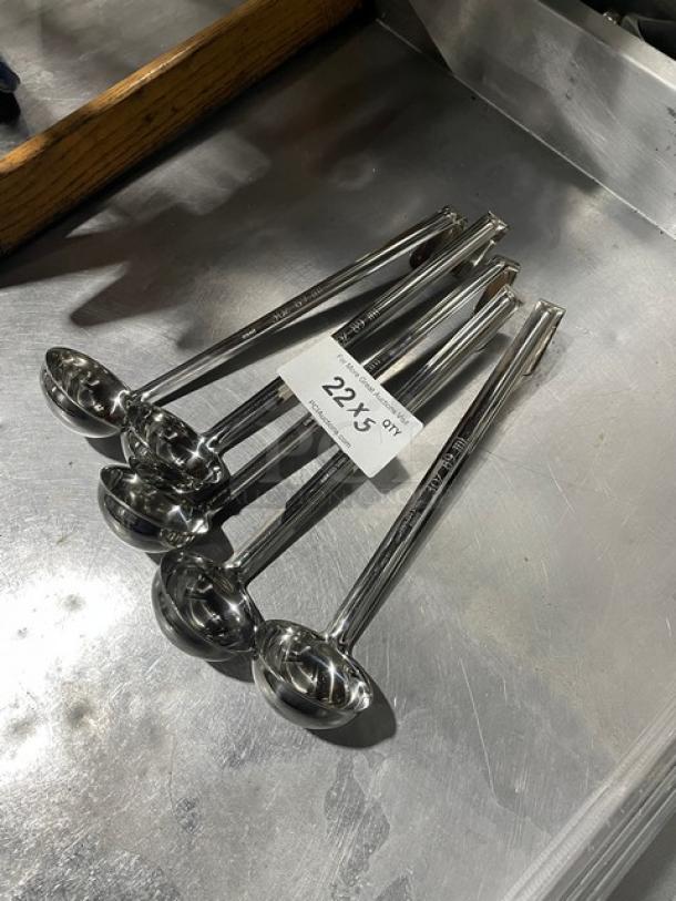 Winco stainless steel 3oz ladles, model LDI-3, set of 5, polished finish, excellent condition, auction tag indicates 5X bid.