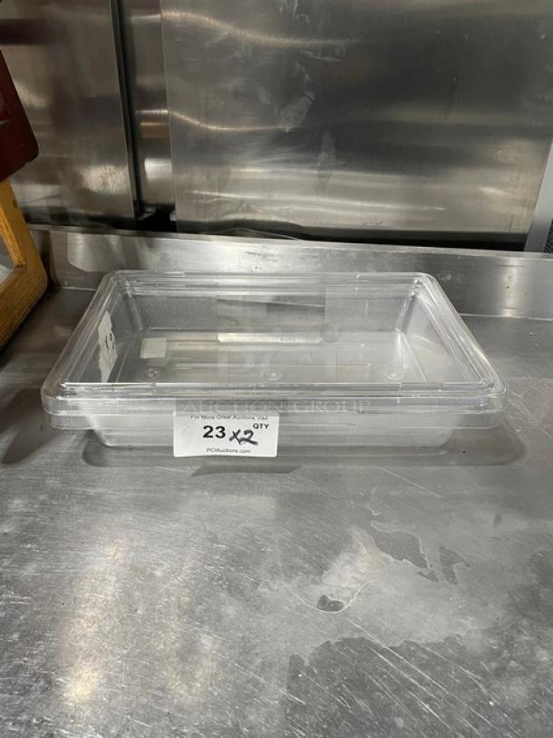 Rubbermaid Commercial Model 3307 clear polycarbonate food storage container, 18x12x3.5", in excellent condition.
