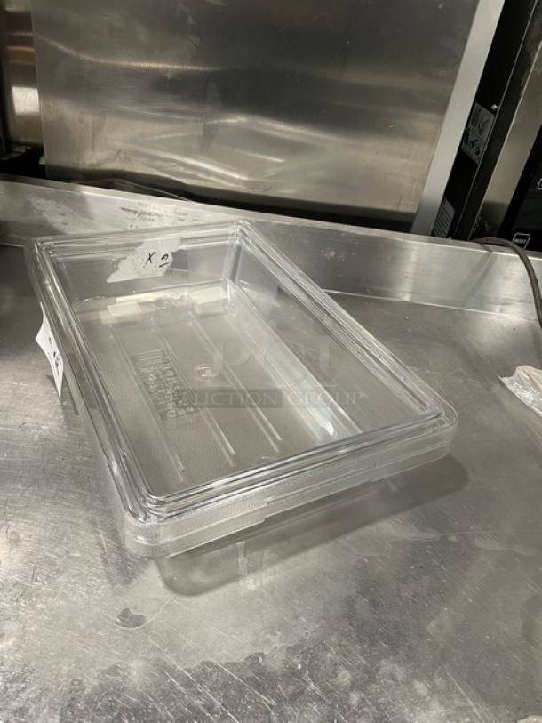 Rubbermaid Commercial clear polycarbonate food storage container, 18x12x3.5 inches, Model 3307, like new condition.