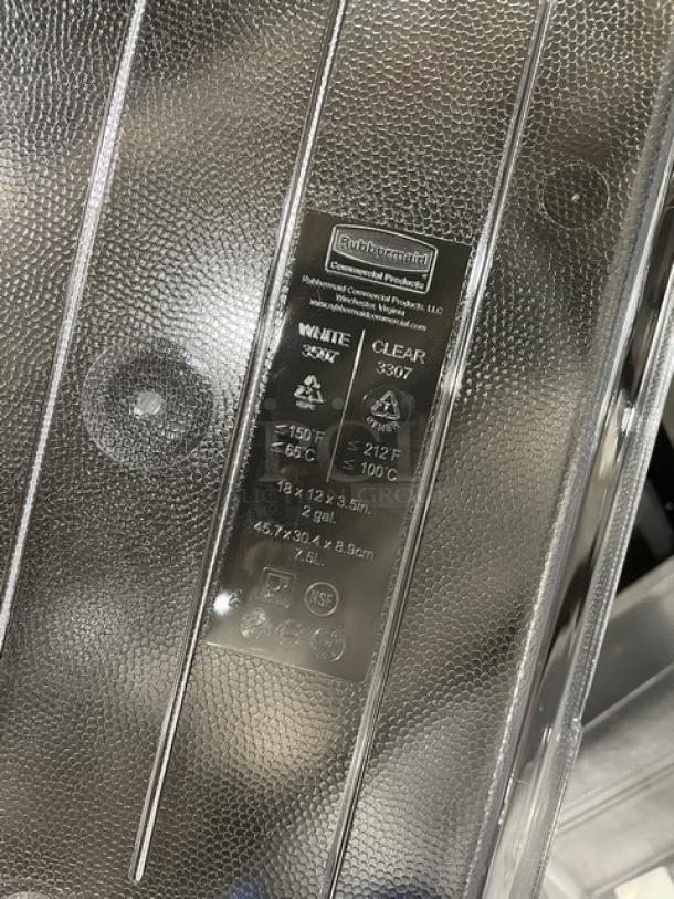 Rubbermaid Commercial Model 3307 clear polycarbonate food storage container, 18x12x3.5", 2 gal, temperature markings visible.