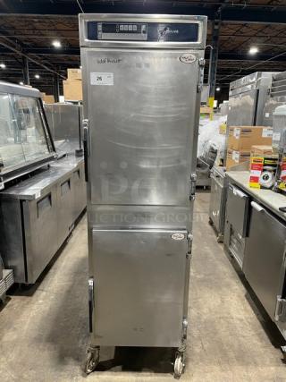 Alto-Shaam 1200-TH/III commercial oven, stainless steel, digital controls, full height, on casters, with wired oven rack.