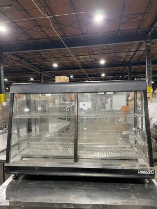 Adcraft 48" heated display showcase with chrome racks, rear sliding doors, and flat glass. Commercial-grade, 120V.