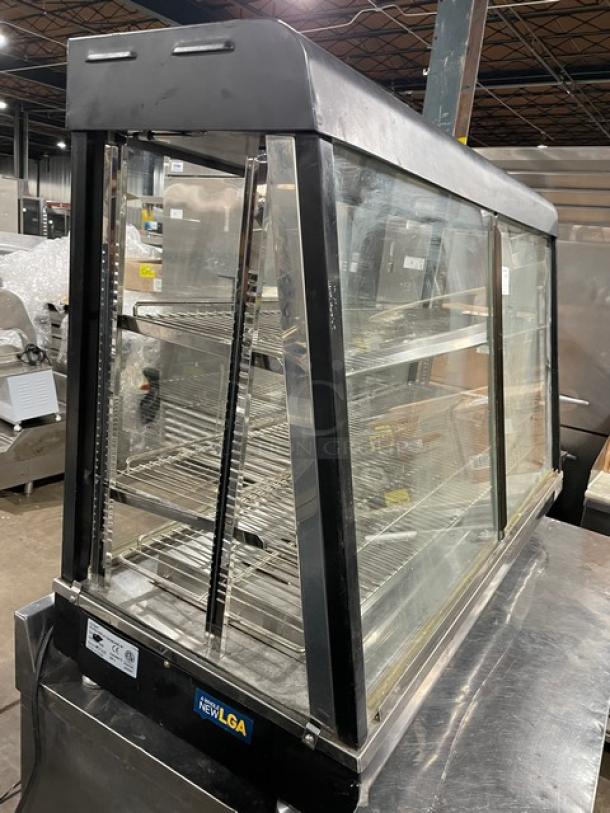 Adcraft commercial 48" heated display showcase with multi-tier flat glass, chrome wired rack, rear sliding doors, 120V.