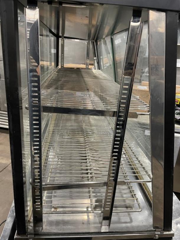 Adcraft commercial 48" heated display showcase with multi-tier chrome plated wired rack, rear sliding doors, 120V.