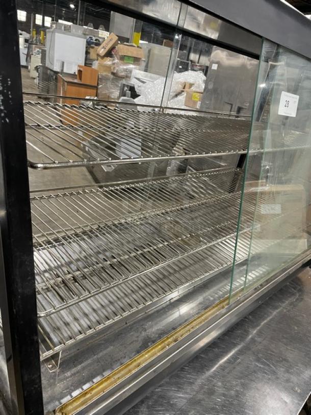 Adcraft 48" commercial heated display showcase with chrome-plated wire racks, flat glass, and rear sliding doors, 120V.