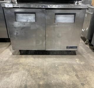 True TWT048 stainless steel 2-door undercounter refrigerator on casters. Used condition, 115V 1 Phase. Serial: 1-3991055.