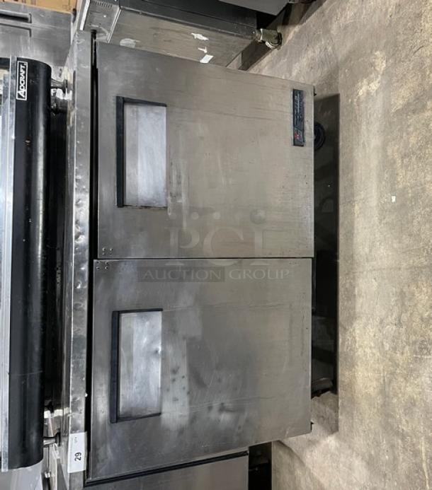 True TWT048 commercial 2-door undercounter refrigerator, stainless steel, on casters, 115V, model TWT0-48, SN: 1-3991055.