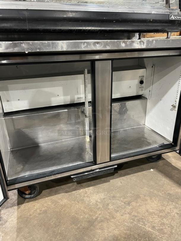True Commercial TWT048 2-Door Undercounter Refrigerator; stainless steel; on casters; model: TWT048; 115V 1 Phase.