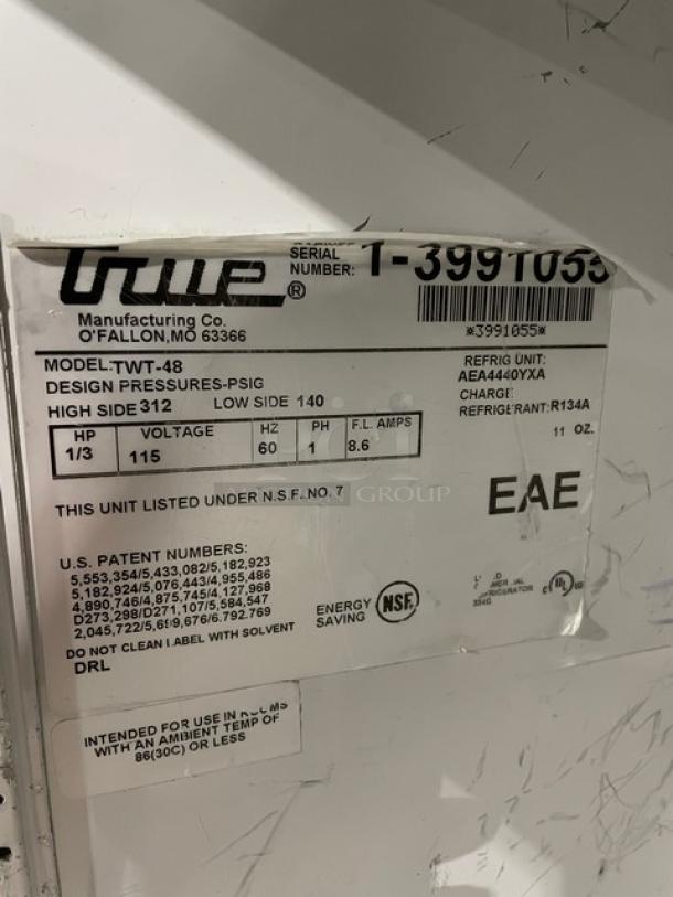 True Commercial Stainless Steel 2-Door Undercounter Refrigerator, Model TWT048, SN: 1-3991055. 115V, 1 Phase, on casters. NSF certified.