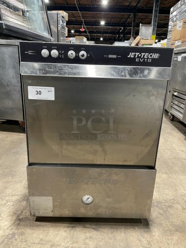 Jet-tech EV18 commercial stainless steel undercounter dishwasher; electric powered, high temperature, 208-240V, 1 phase.