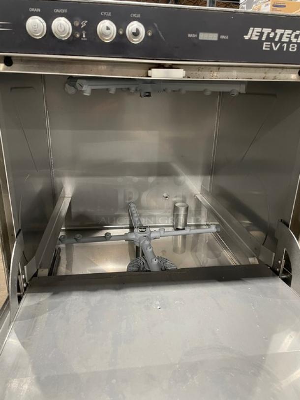 Jet-tech EV18 stainless steel undercounter dishwasher, electric powered, 208-240V 1 Phase, high temperature, clean interior.