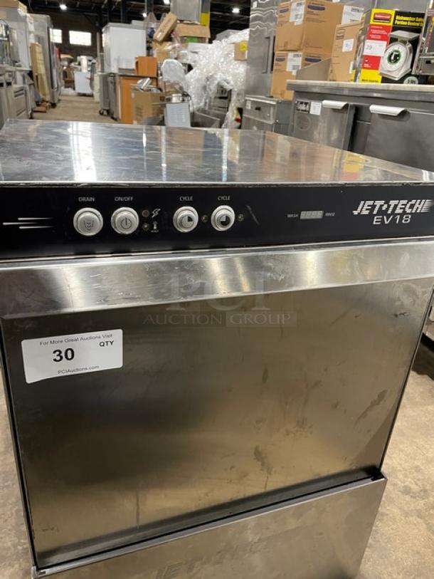 Jet-tech EV18 commercial stainless steel undercounter dishwasher, electric powered, high temperature, 208-240V, 1 phase.