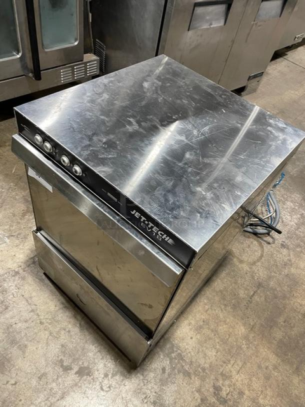 Jet-tech EV18 stainless steel undercounter dishwasher. Electric powered, high temperature, 208-240V, 1 phase. Good condition.