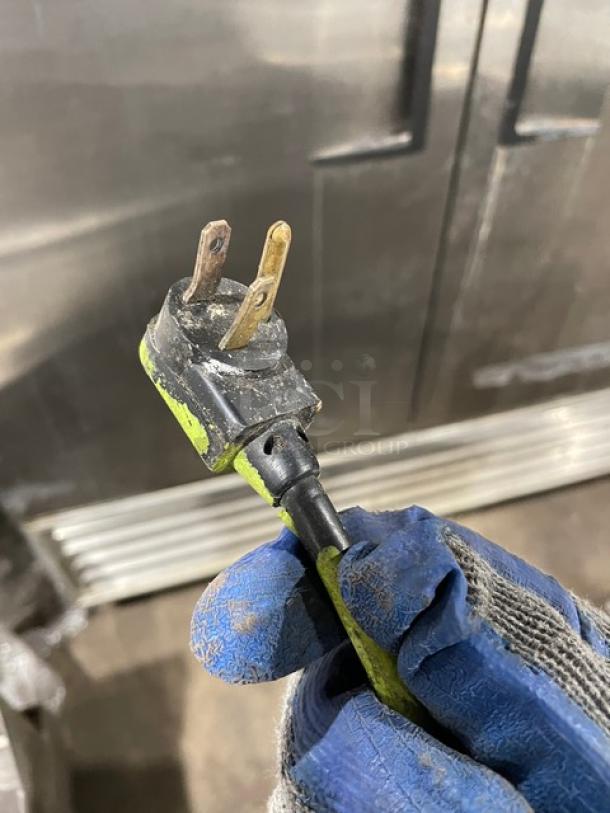 True stainless steel 2-door undercounter refrigerator, model TSSU-48-08, on casters, 115V 1 phase, power plug shown.