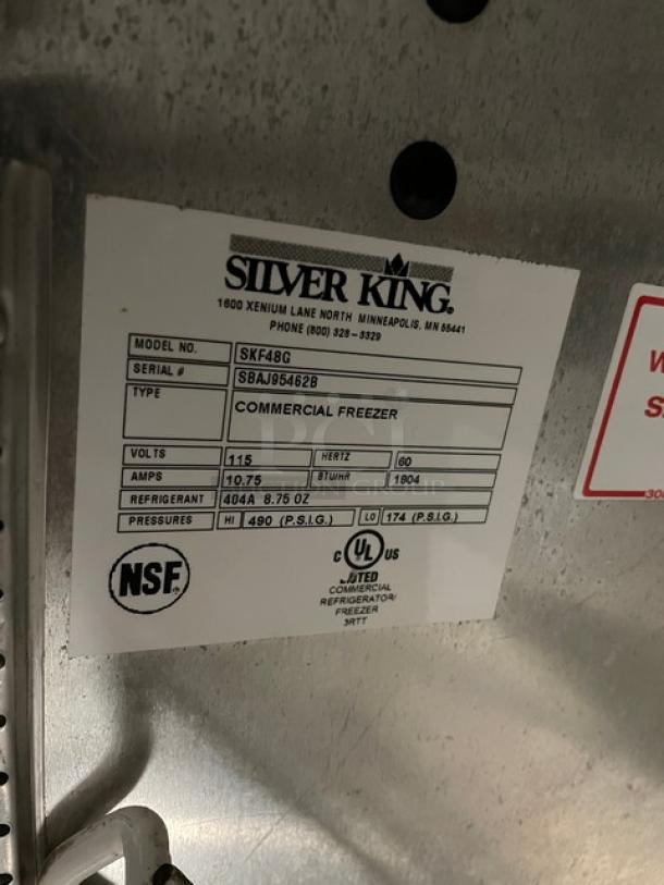Silver King SK48G commercial freezer label showing model, serial number, voltage, and NSF certification.