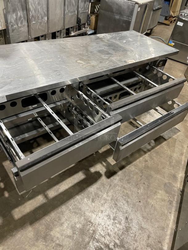 True Refrigerated Bain Marie Pizza Prep Table, Stainless Steel, Model TSUU-48-08, with open drawers, electric, 115V, 1 Phase.